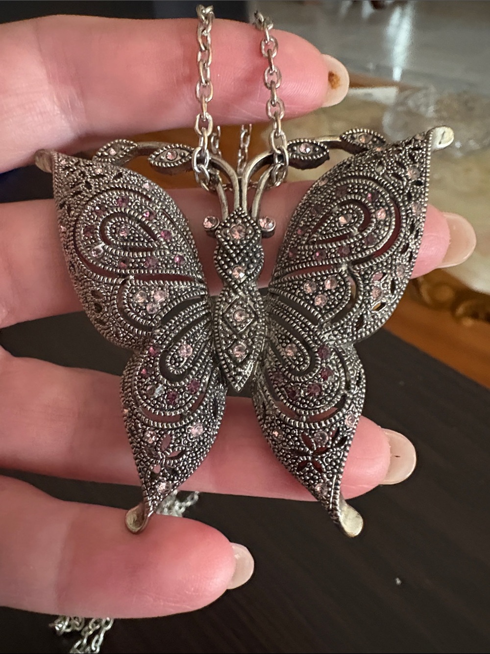 0209) vintage-style filigree and crystal butterfly pendant